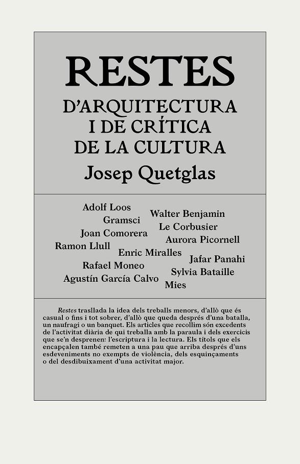 RESTES D'ARQUITECTURA I CRíTICA DE LA CULTURA | 9788494717420 | QUETGLAS, JOSEP | Galatea Llibres | Llibreria online de Reus, Tarragona | Comprar llibres en català i castellà online