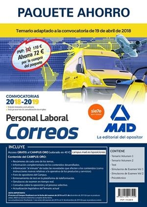 PAQUETE AHORRO PERSONAL LABORAL CORREOS. AHORRO DE 72 € (INCLUYE TEMARIOS 1 Y 2; | 9788414217559 | VARIOS AUTORES | Galatea Llibres | Llibreria online de Reus, Tarragona | Comprar llibres en català i castellà online